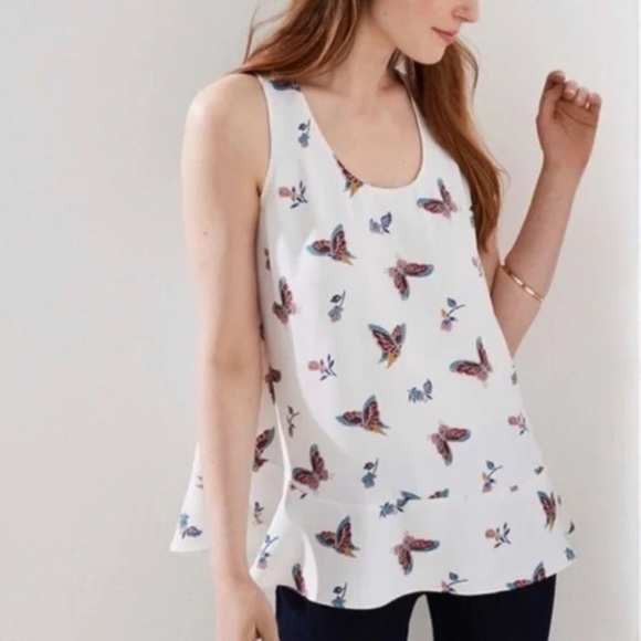 LOFT Cream and Blue Peplum Tank Top - Picture 1 of 7